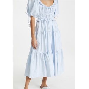 Doen Style En Saison Poplin Puff-Sleeve Tiered Midi Dress in baby blue XS